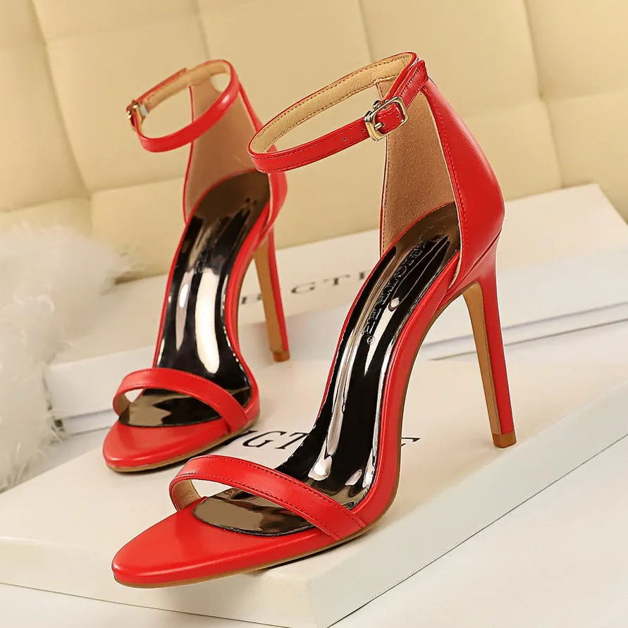 European style women's open toe ankle-strap high heels with buckle fastening in artificial PU