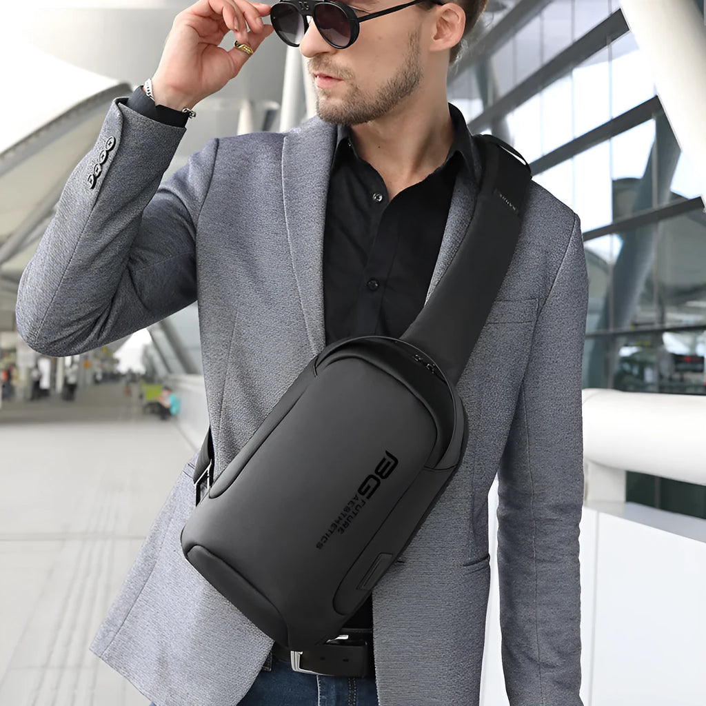 Men's blue oxford cloth USB shoulder bag with letter pattern for business travel