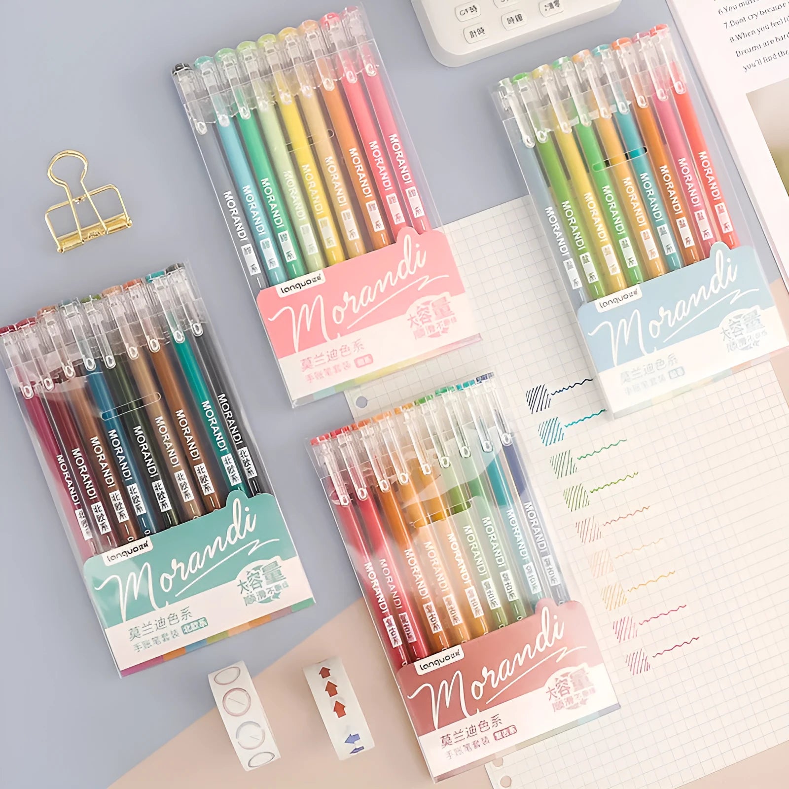 Set of nine Japanese-style colour gel pens with 0.5mm needle tips, showing retro and solid colour designs.