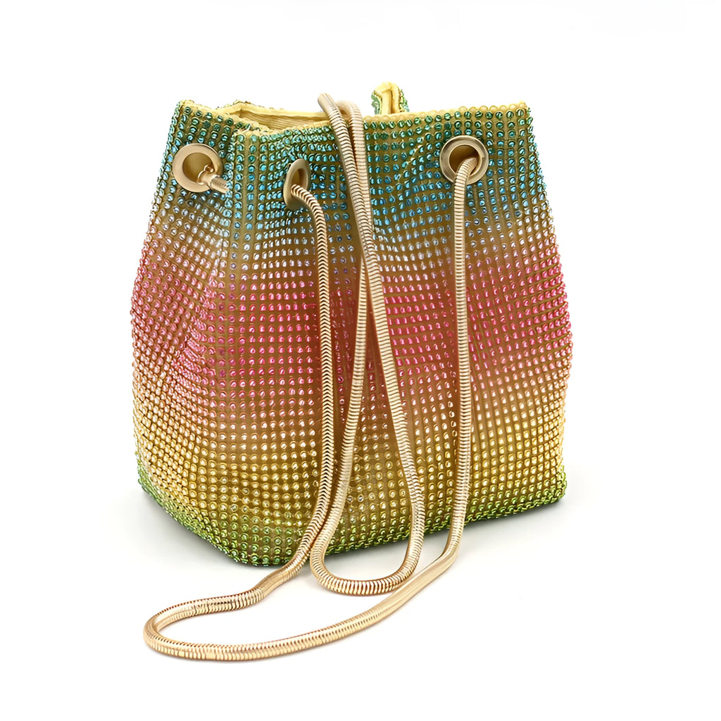 Rainbow rhinestone bucket bag with sparkling crystal surface and soft bucket shape