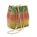 Rainbow rhinestone bucket bag with sparkling crystal surface and soft bucket shape