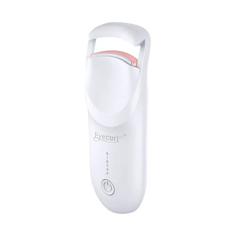 USB rechargeable electric eyelash curler in cream white, maca pink, or vanilla apricot colour with ceramic heating plate.