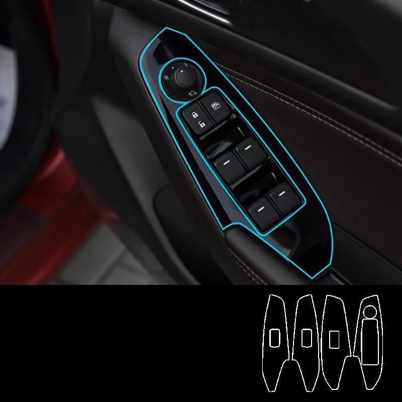Four TPU protective films for car door control panels on a white background.