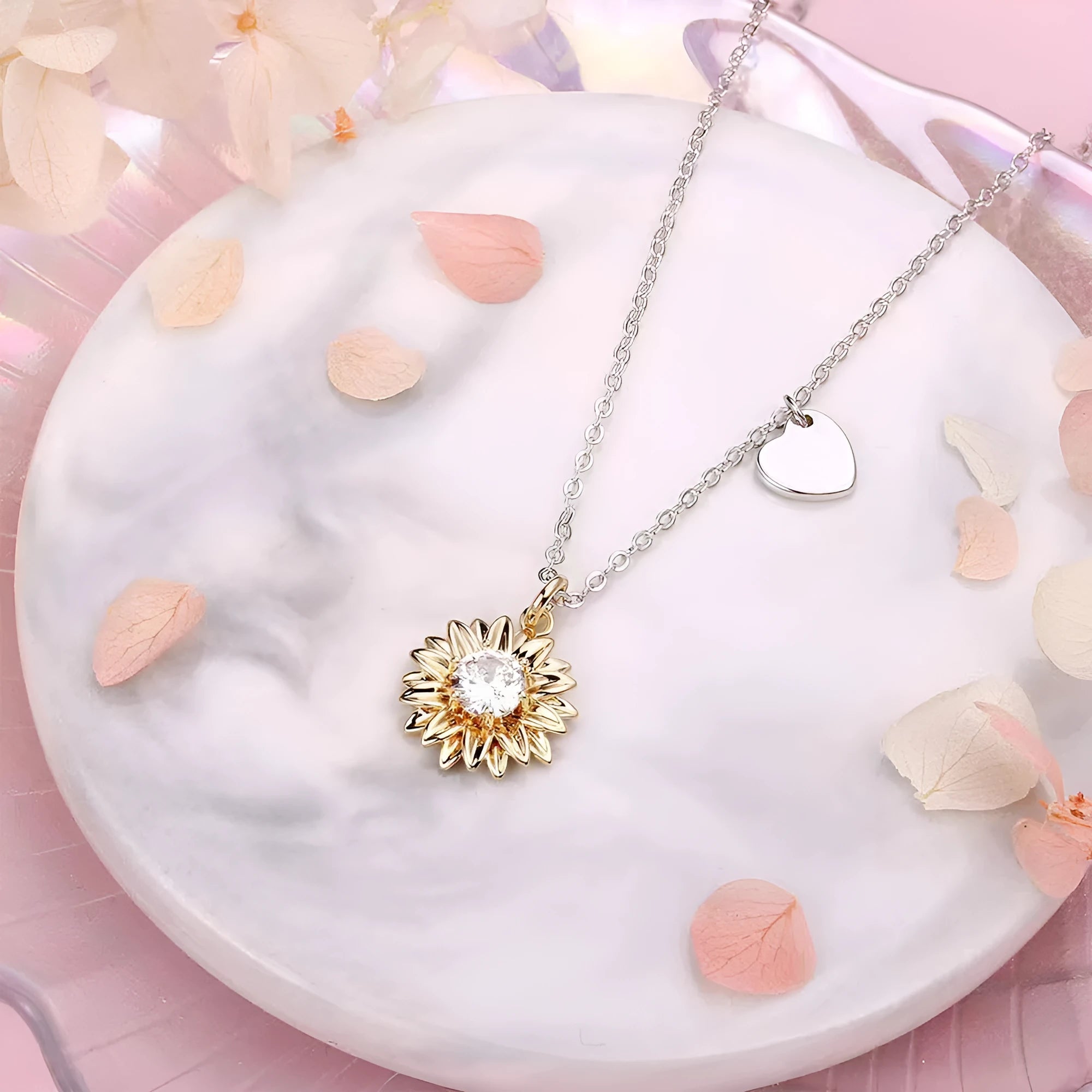 925 silver adjustable sunflower necklace with daisy petal geometry pendant for women.