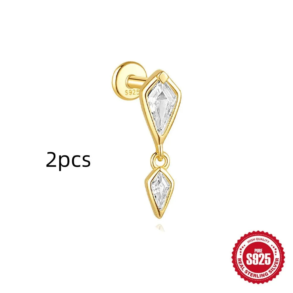 S925 sterling silver geometric kite shaped earrings with chain tassel and rhinestone detailing in gold tone finish