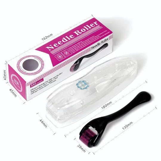 Black and purple derma rollers with titanium needles showing different needle length settings from 0.2mm to 1mm