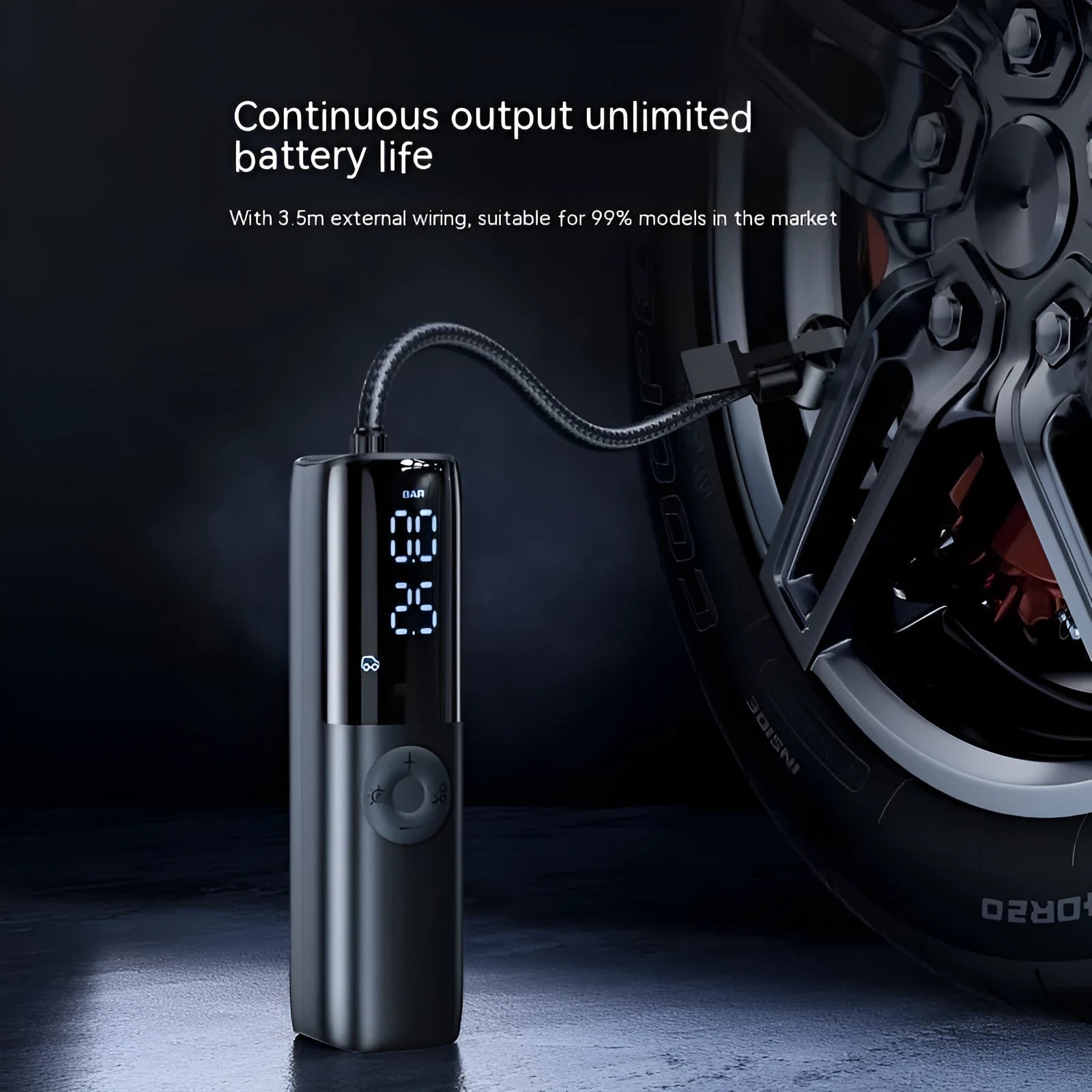 Black portable car tyre air pump with pressure gauge display and plug-in cable