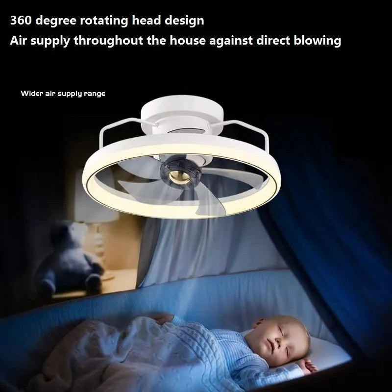 Modern white ceiling fan with integrated light and five PC blades, shown in a bedroom setting.