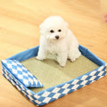 Natural rattan woven cat litter mat with removable bamboo cotton cushion cover in blue.