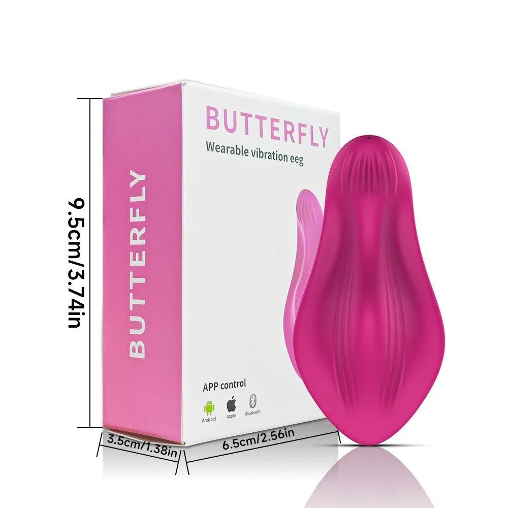 Rose red silicone wearable female massager with butterfly shape and USB charging port