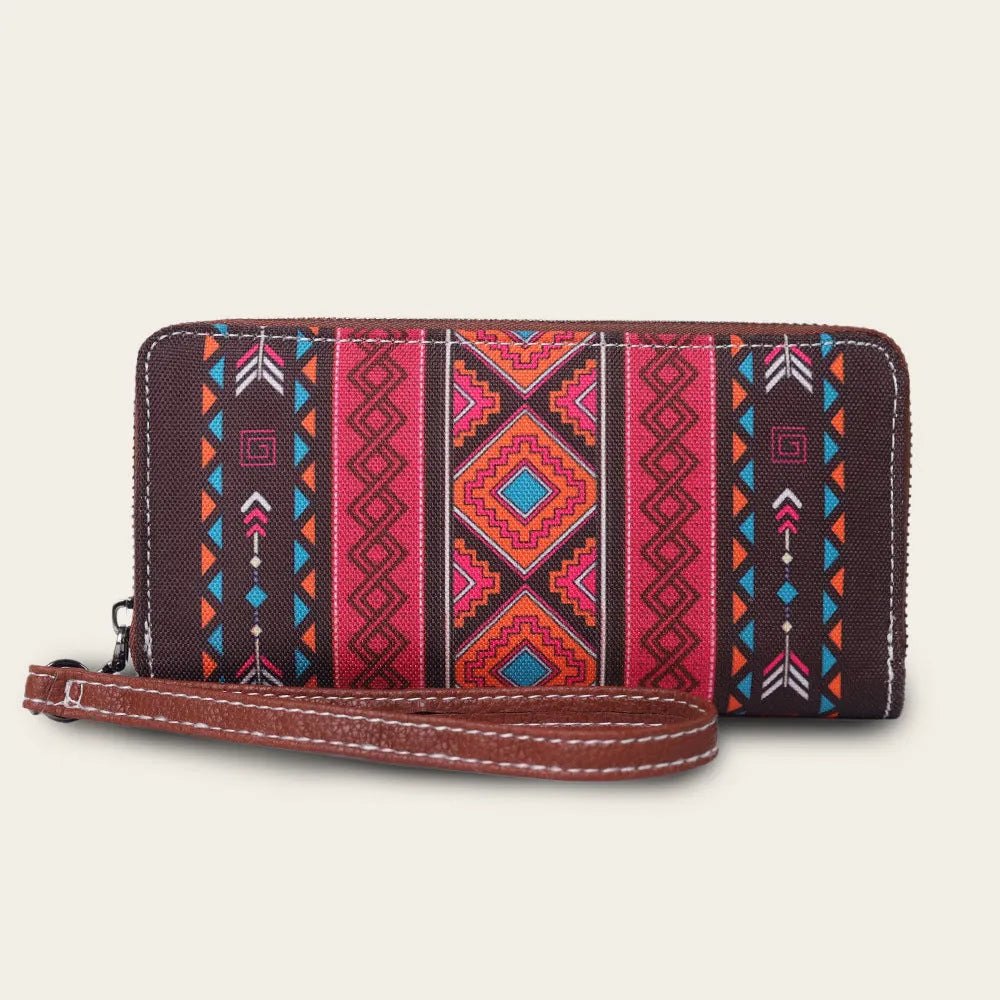 Bohemian-style striped canvas RFID wallet with wind belt design shown in multiple colour options