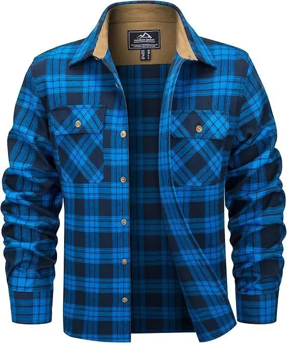 Man wearing a plaid button-down flannel shirt in cardigan style, showcasing orange and green colour options.