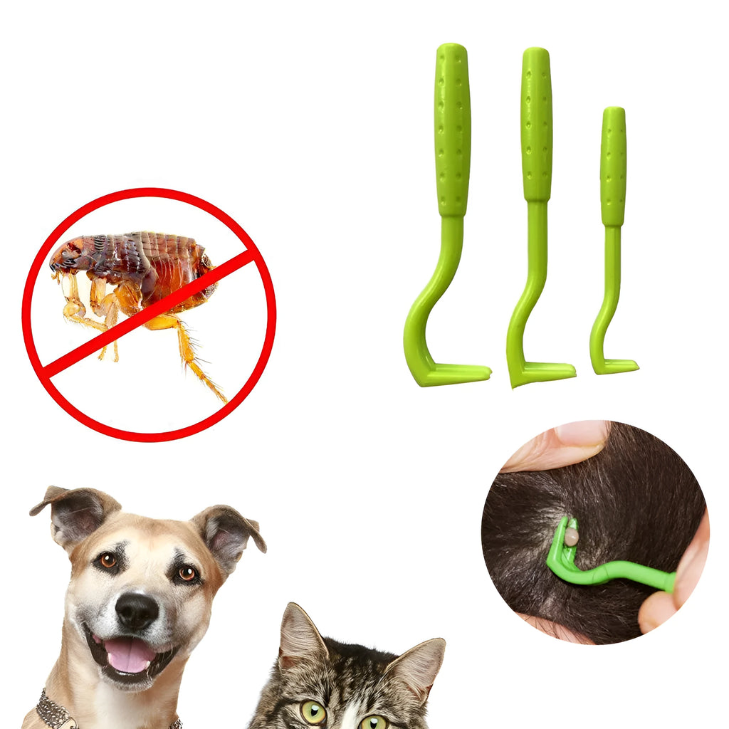 Three plastic tick removal tools with hook design for pet grooming and flea extraction