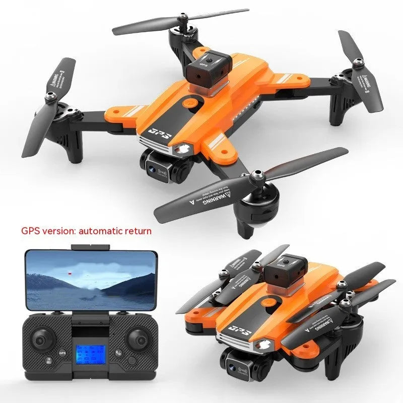 Orange and black quadcopter drone with dual cameras and propeller guards, shown on a white background