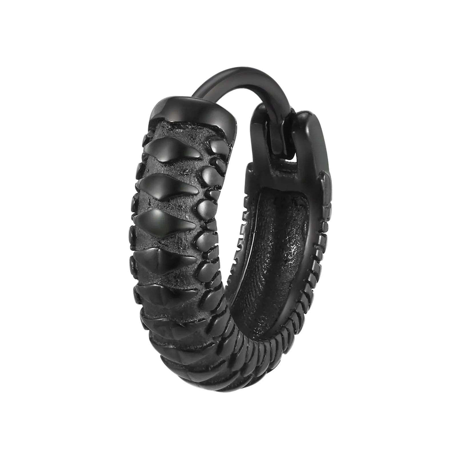 A pair of stainless steel hip hop earrings with a raised snake pattern, shown in black and gold colour options.