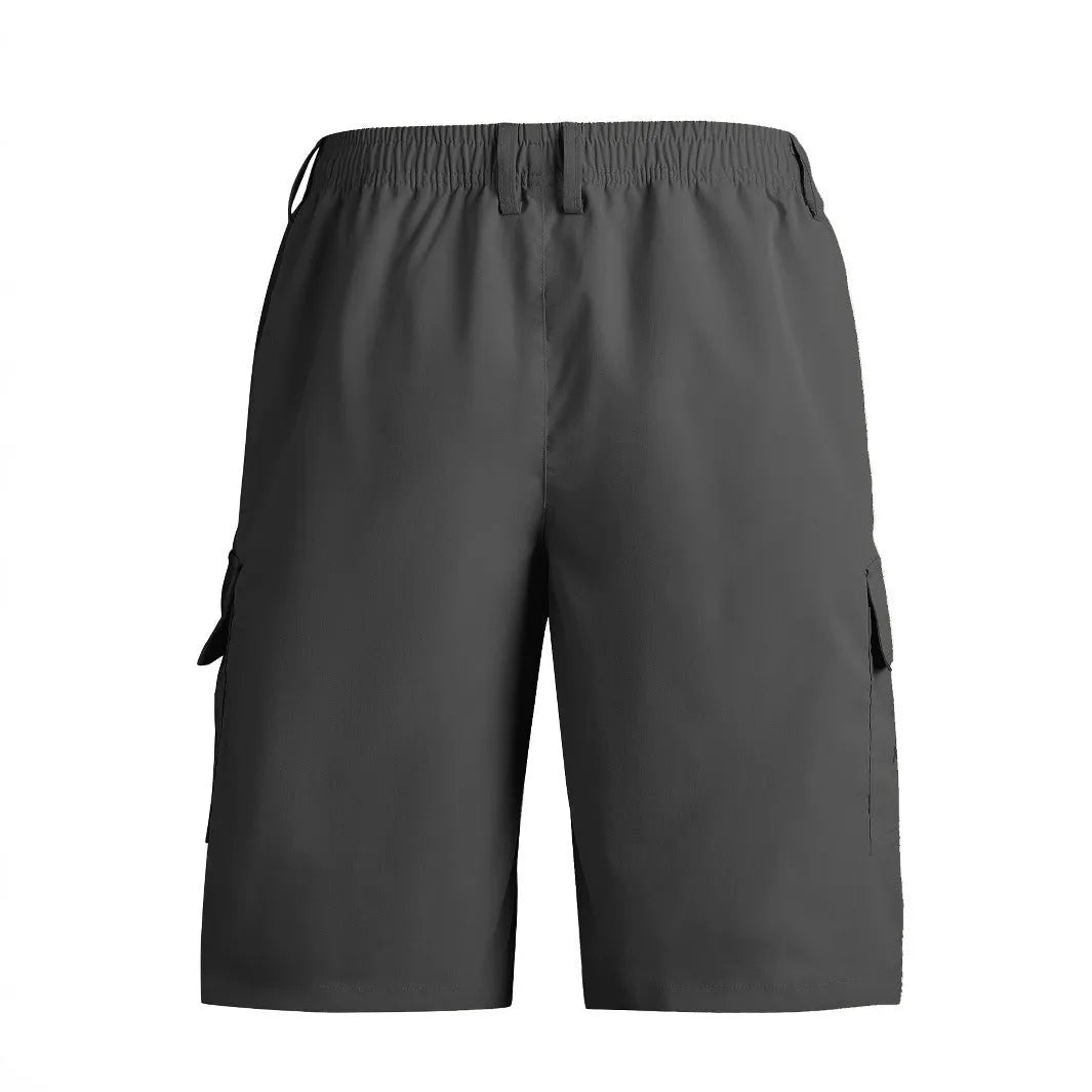 Straight leg sports shorts in loose American casual style available in black, blue, green, or khaki