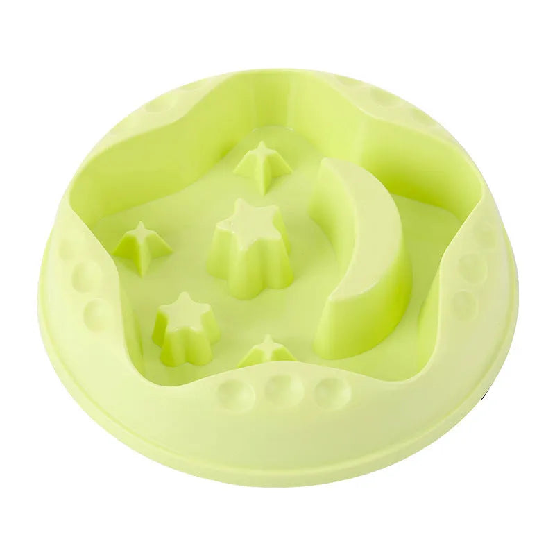 Blue star and wings design large plastic slow feeder dog bowl with maze pattern.
