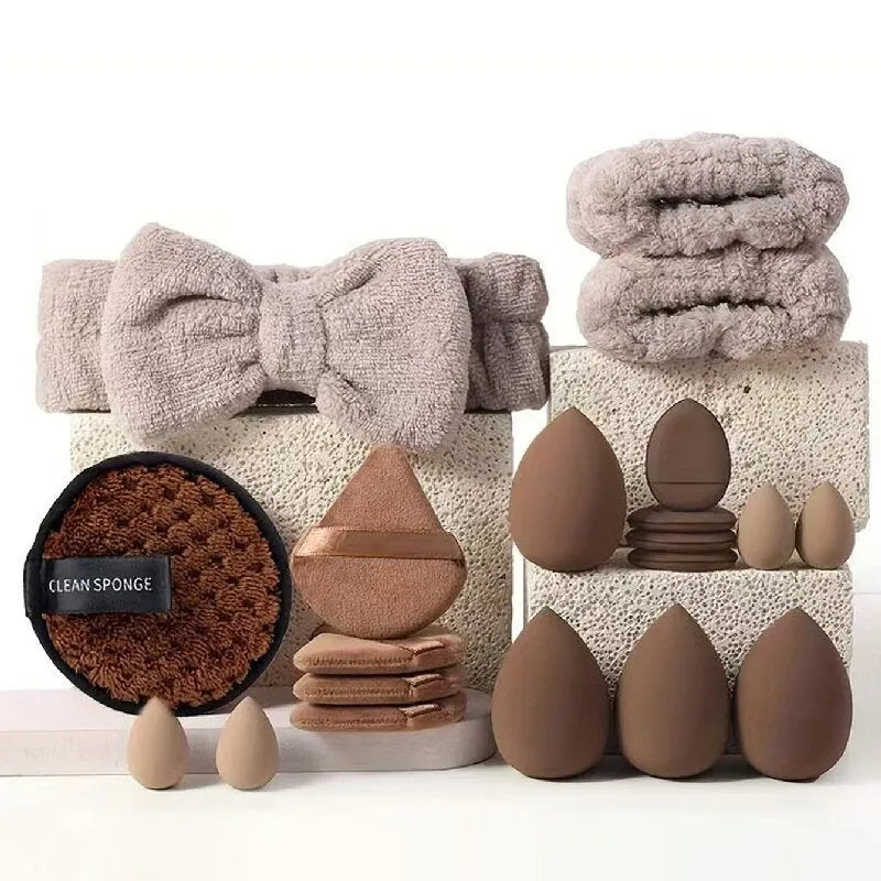 Beauty tools combination suit with hydrophilic non-latex sponge applicators in brown, pink and purple colours