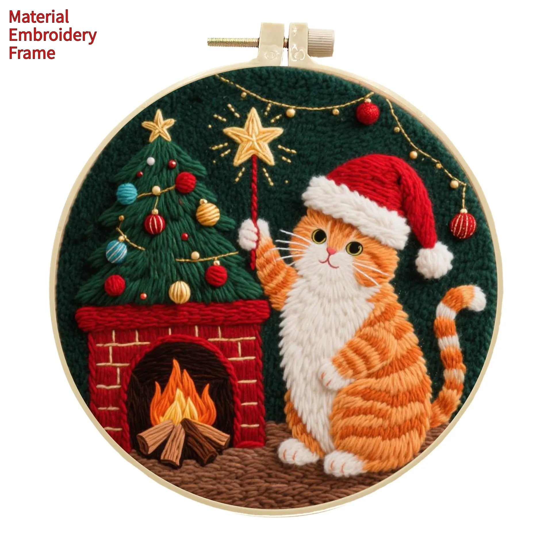 DIY embroidery material kit showing cotton linen fabric with cat and autumn fruit design, optional bamboo hoop and scissors