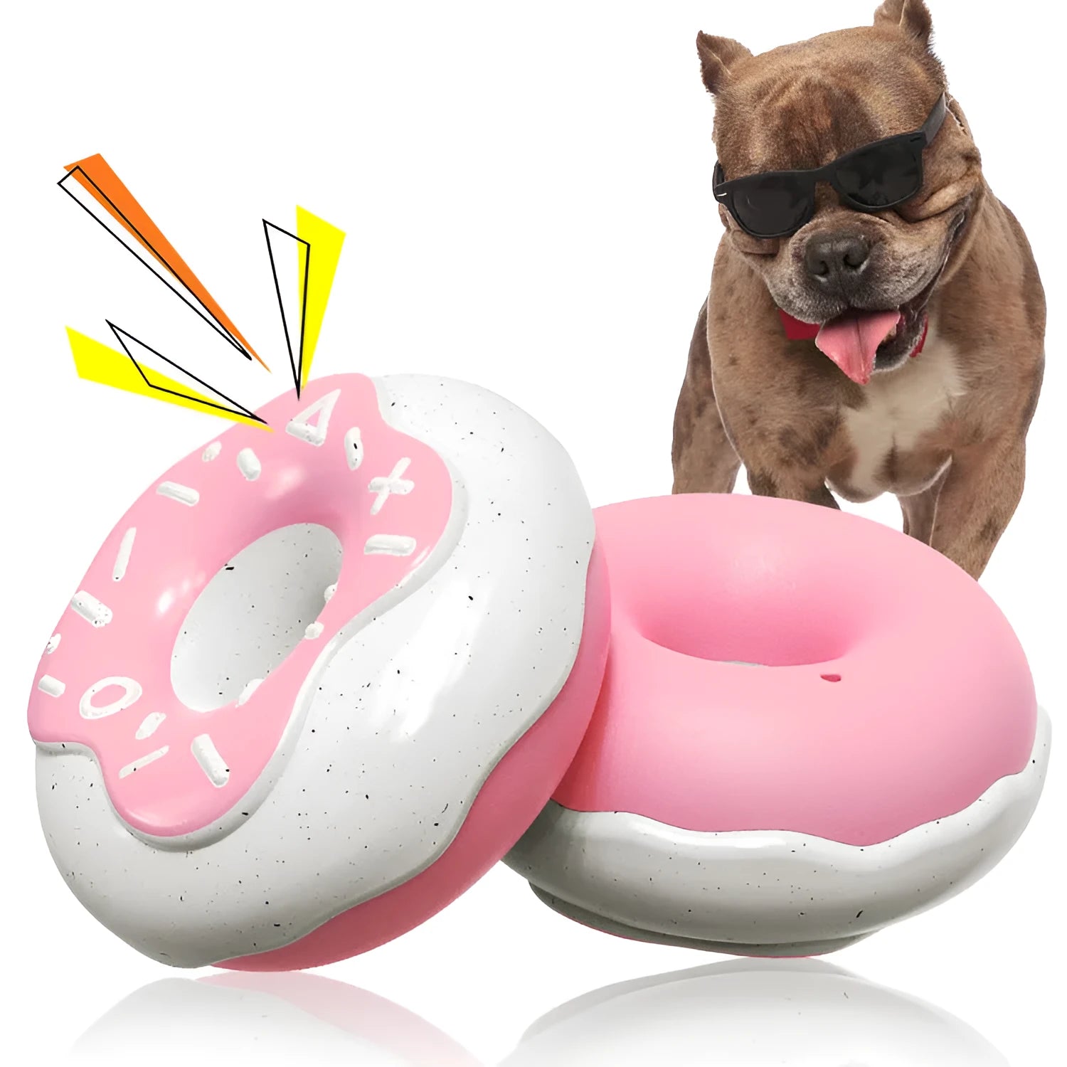 TPR donut dog chew toy with crunchy squeaker for teeth cleaning in pink, chocolate and yellow colours