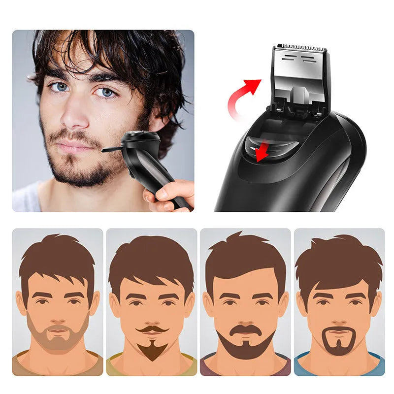 Electric shaver with three floating cutter heads, pop-up sideburn trimmer and LED display
