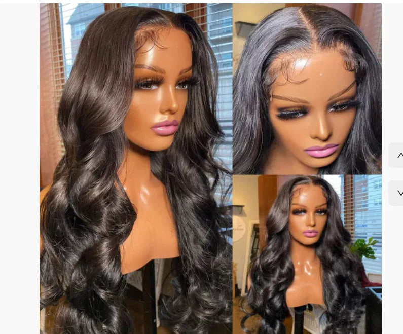Black medium-long curly full-head synthetic wig showing natural wave pattern