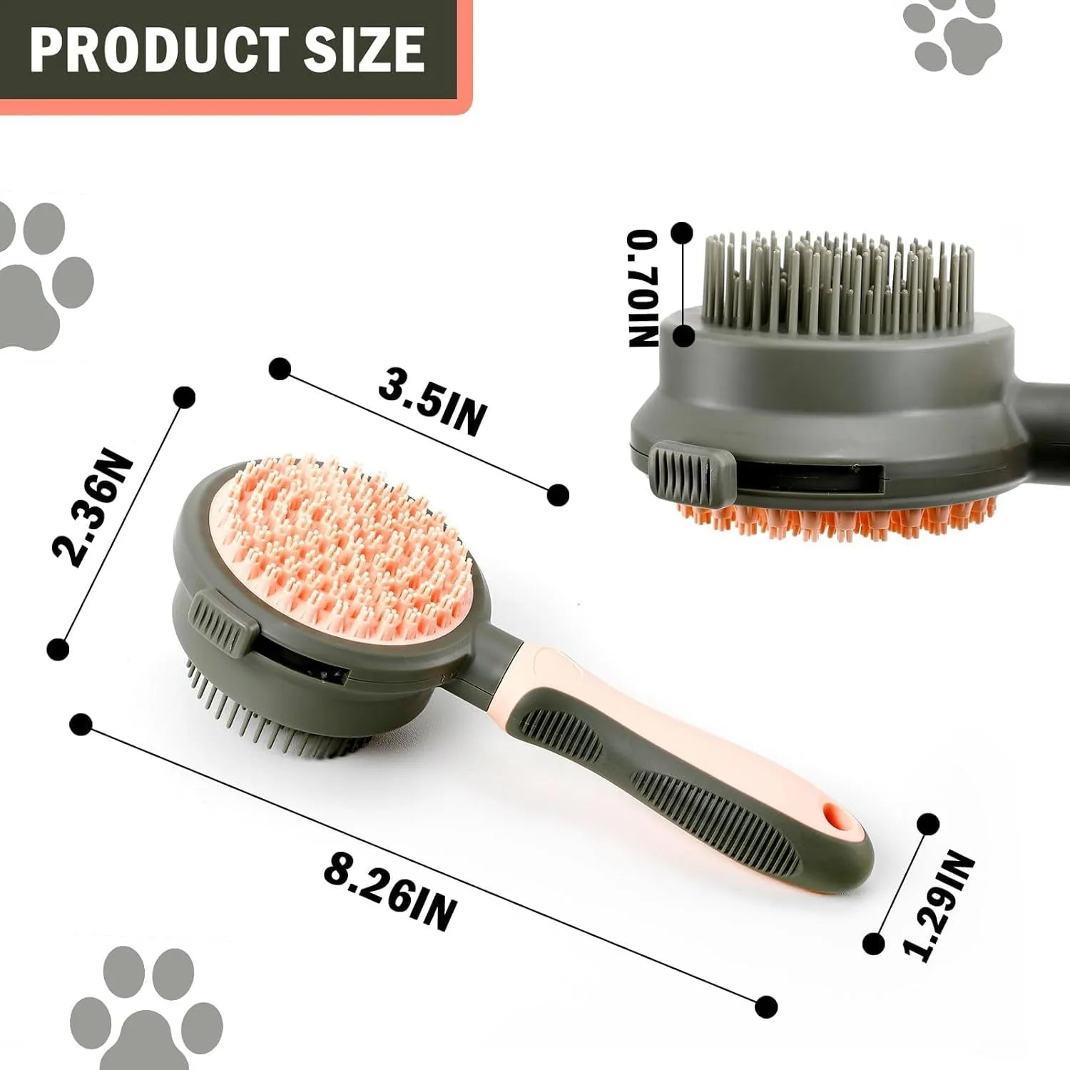 Pink double-sided cat grooming brush with release button next to a flea comb on a white background.
