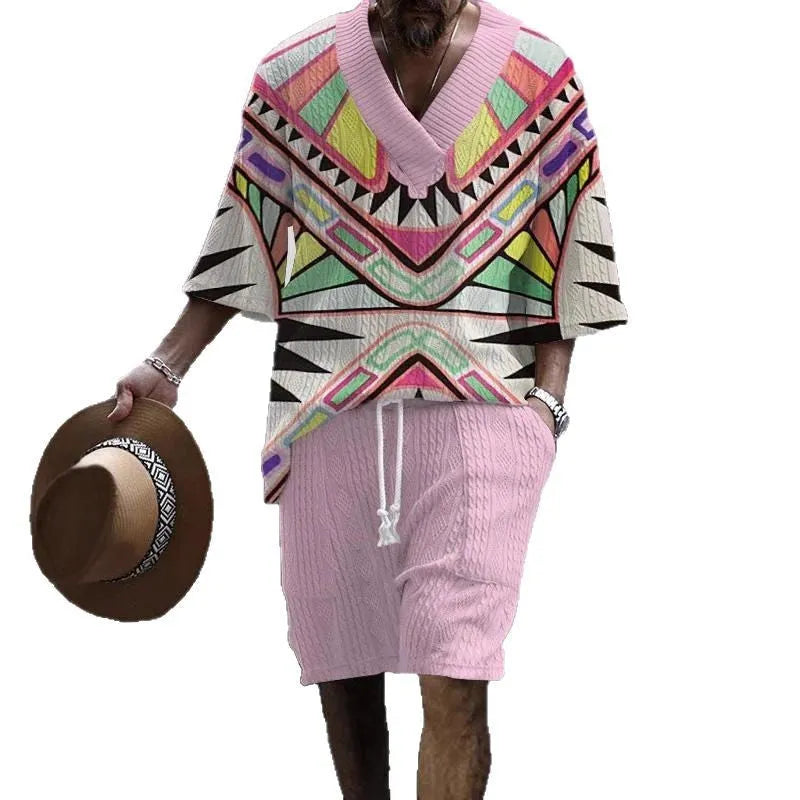 Loose casual short sleeve suit two-piece set in polyester fabric, showing top and shorts.