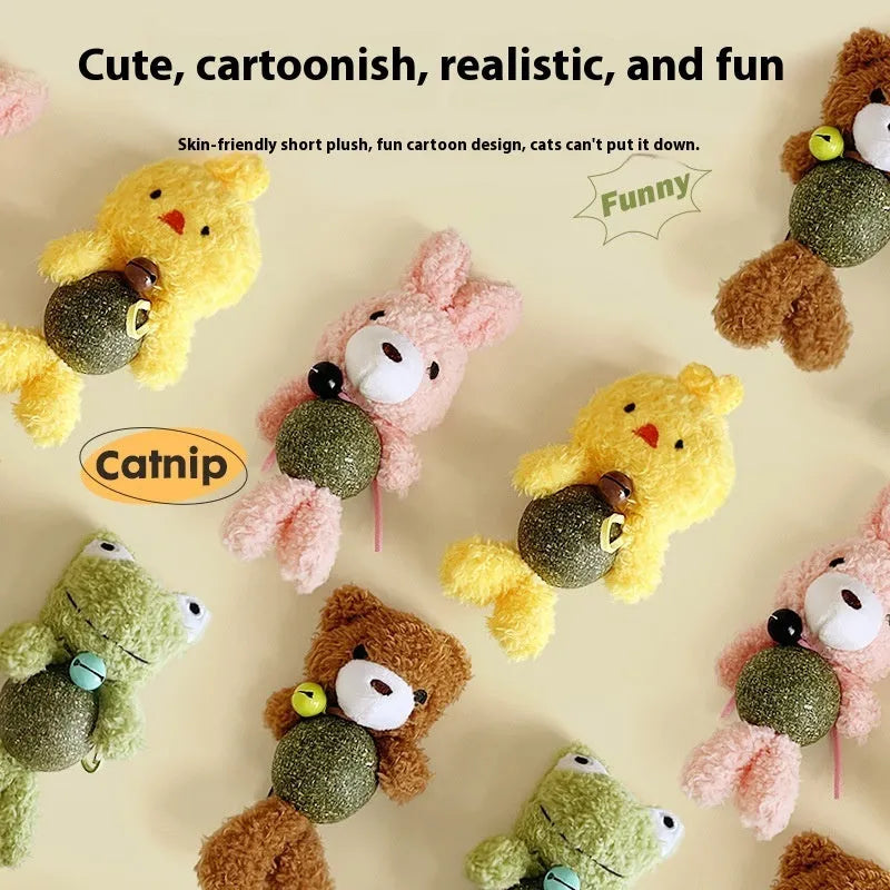 Plush cat toy shaped as a character with a mint ball, shown in brown bear, pink rabbit, piyopiyo and green frog designs.