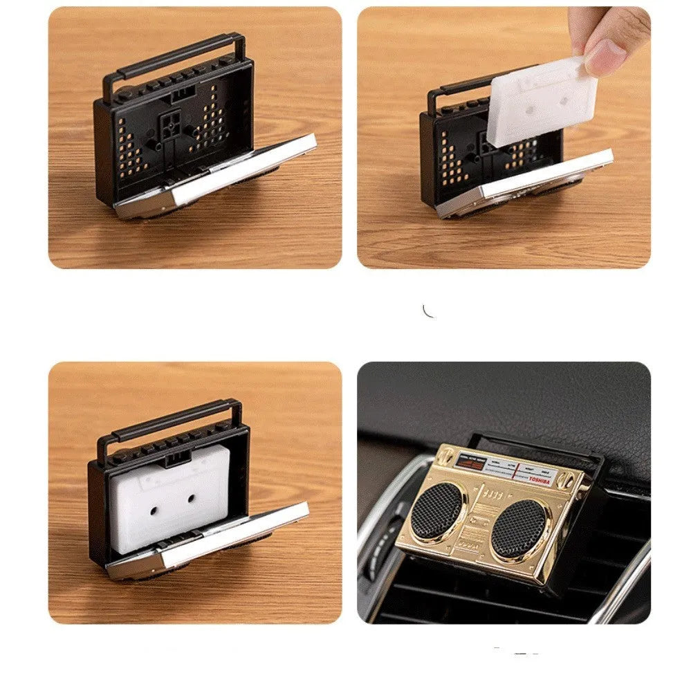 Car vent aroma diffuser with cassette tape design in gold colour, zinc alloy perfume holder