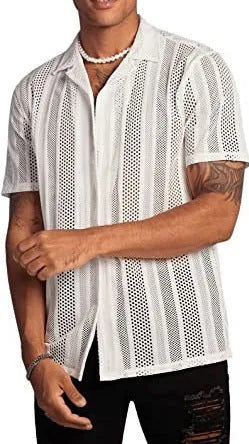 Men's white knitted short-sleeve button shirt with cardigan style street fashion design