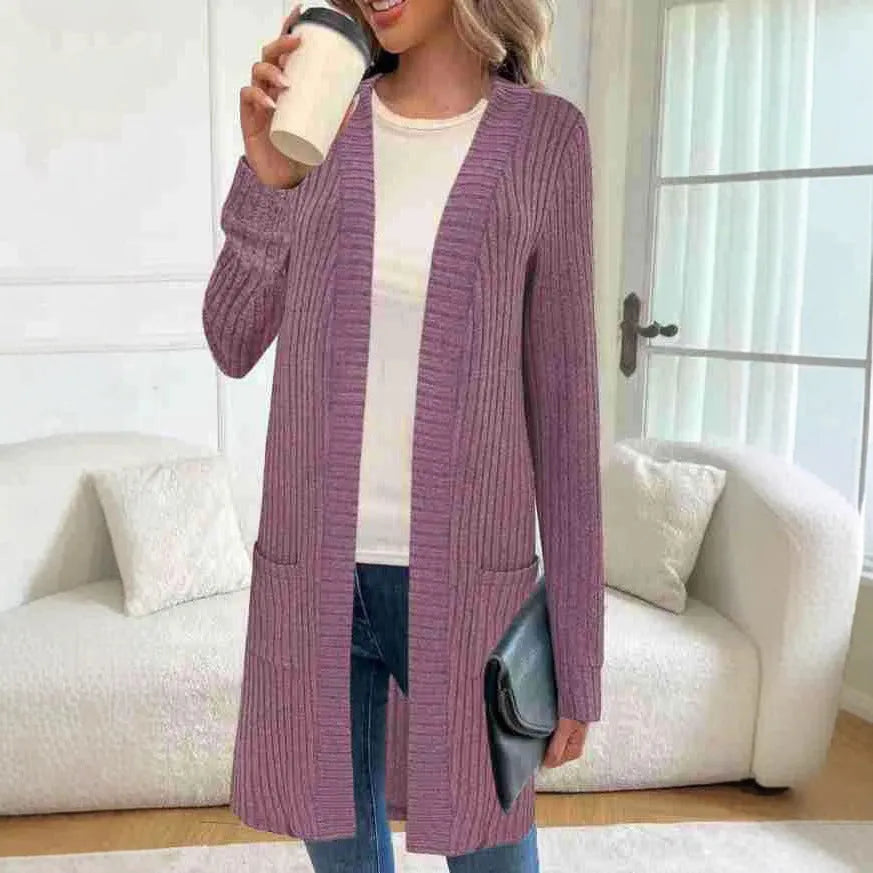 Long sleeve loose pocket knitted cardigan jacket in a relaxed fit, shown in black, grey, or wine red.