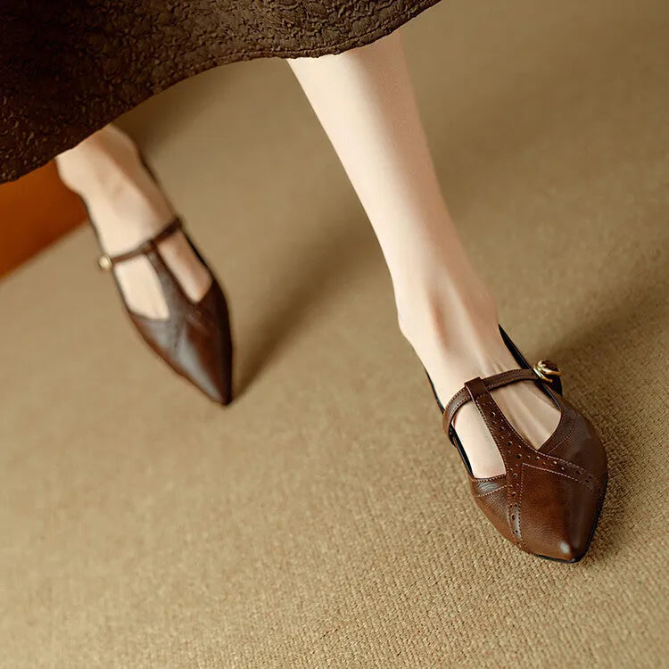 Brown women's pointed flat shoes with low-cut design and 3-5cm mid heel