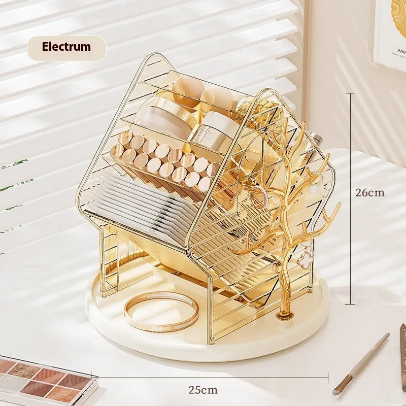 Rotating cosmetics storage box with 360-degree rotation in clear and amber gold plastic