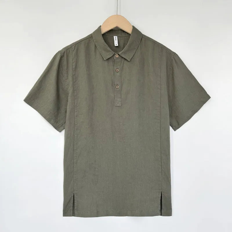 Men's light linen short sleeve shirt with thin lapels in a loose fit for summer.