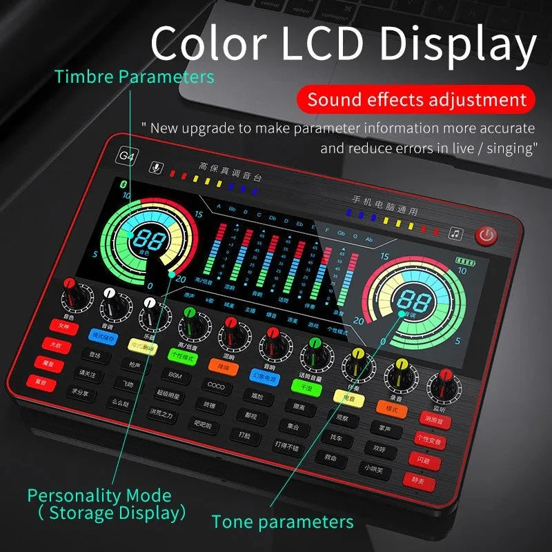 G4 professional live sound card mixer set with microphone, remote control, and audio cables on a table