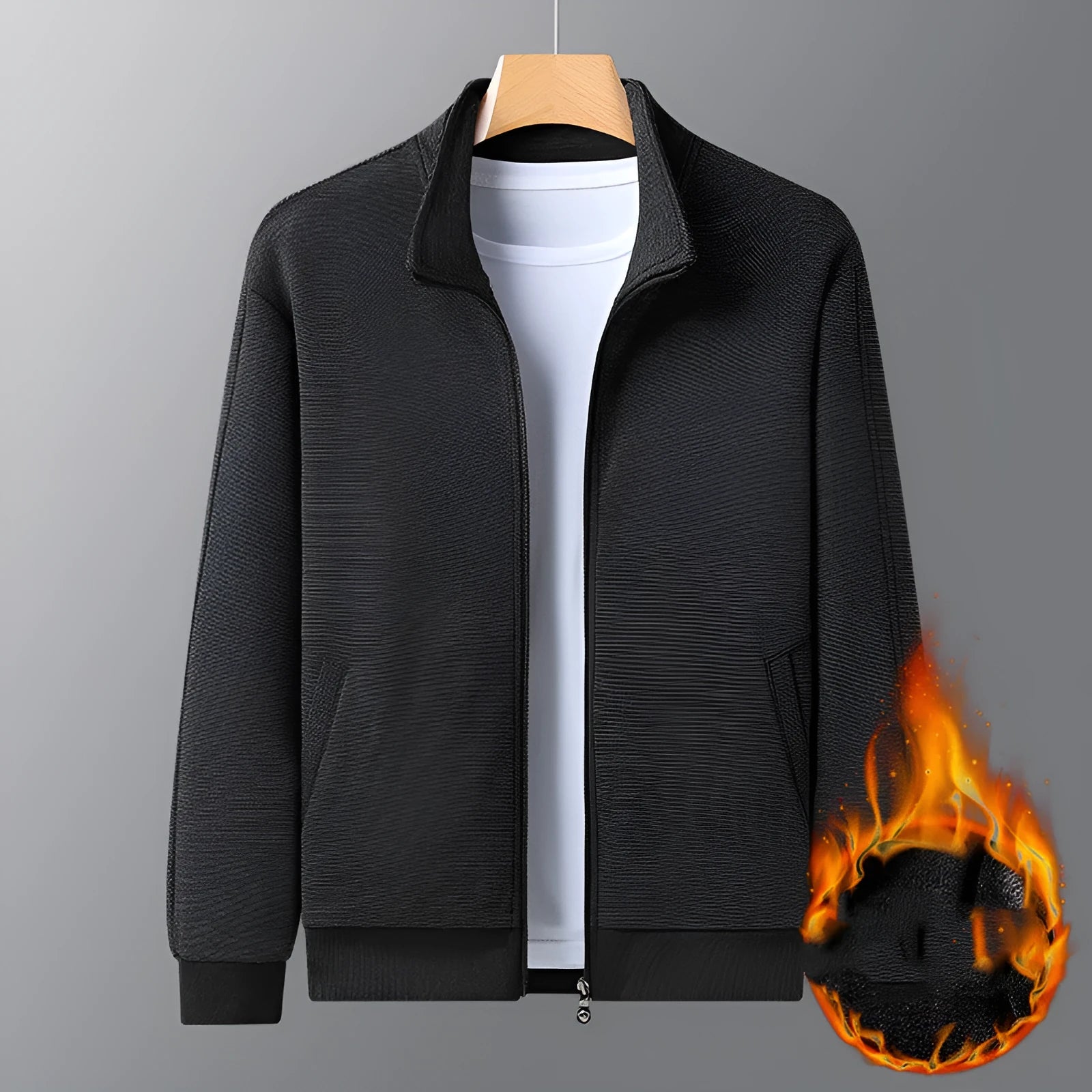 Men's black blended casual jacket with a stand-up collar and zipper front.