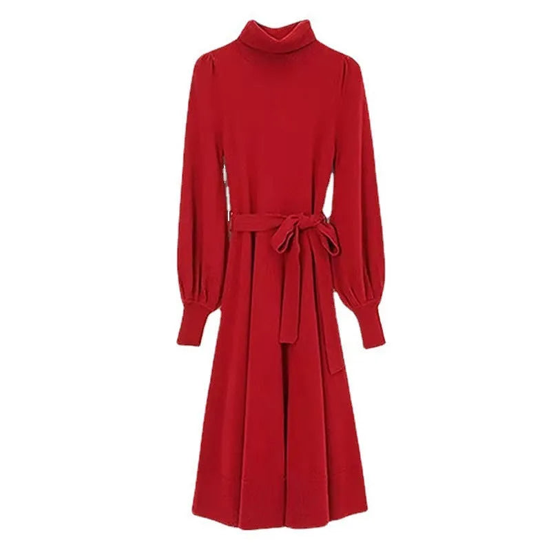 Knitted turtleneck dress with mid-length sweater skirt design and elastic waistband