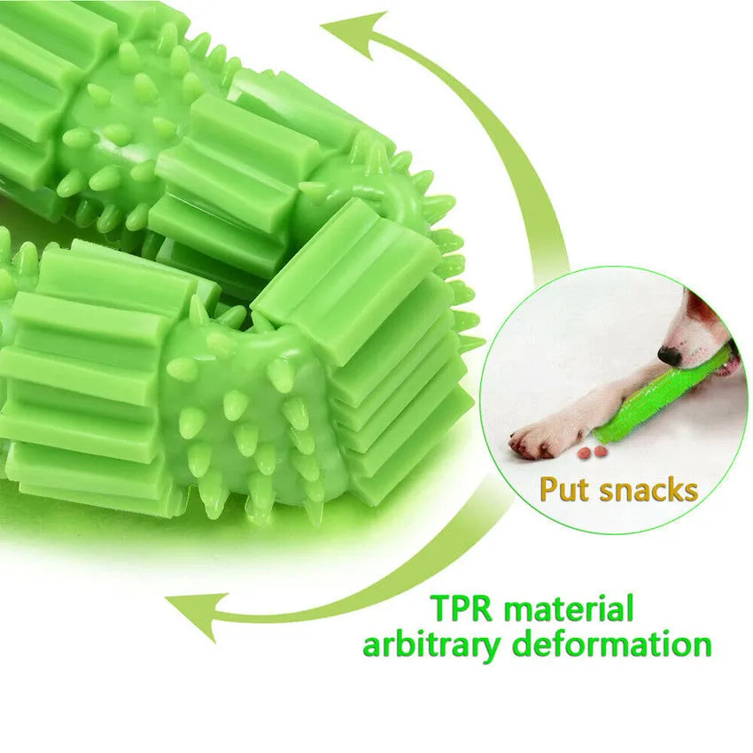 Green durable rubber dog chew toy with treat-dispensing hole and squeaker, for aggressive chewers.
