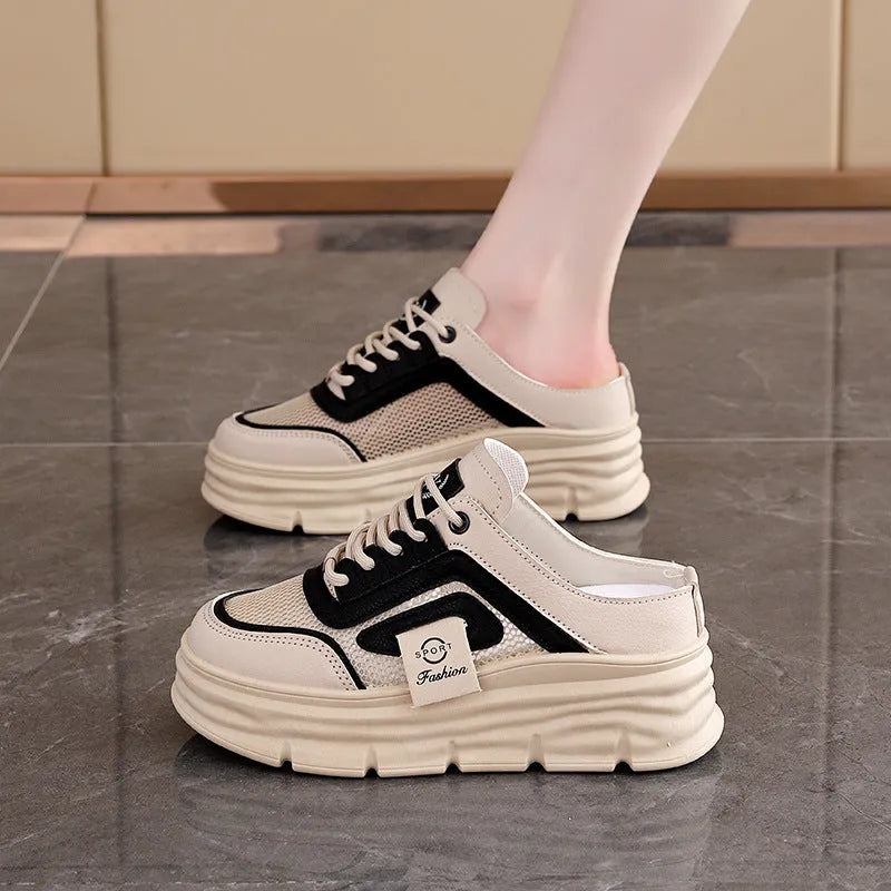 Women's black mesh half slippers with round toe and rubber sole