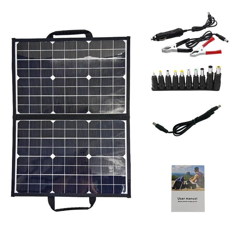 Black 40W folding portable solar panel bag shown folded to its 425x285mm size