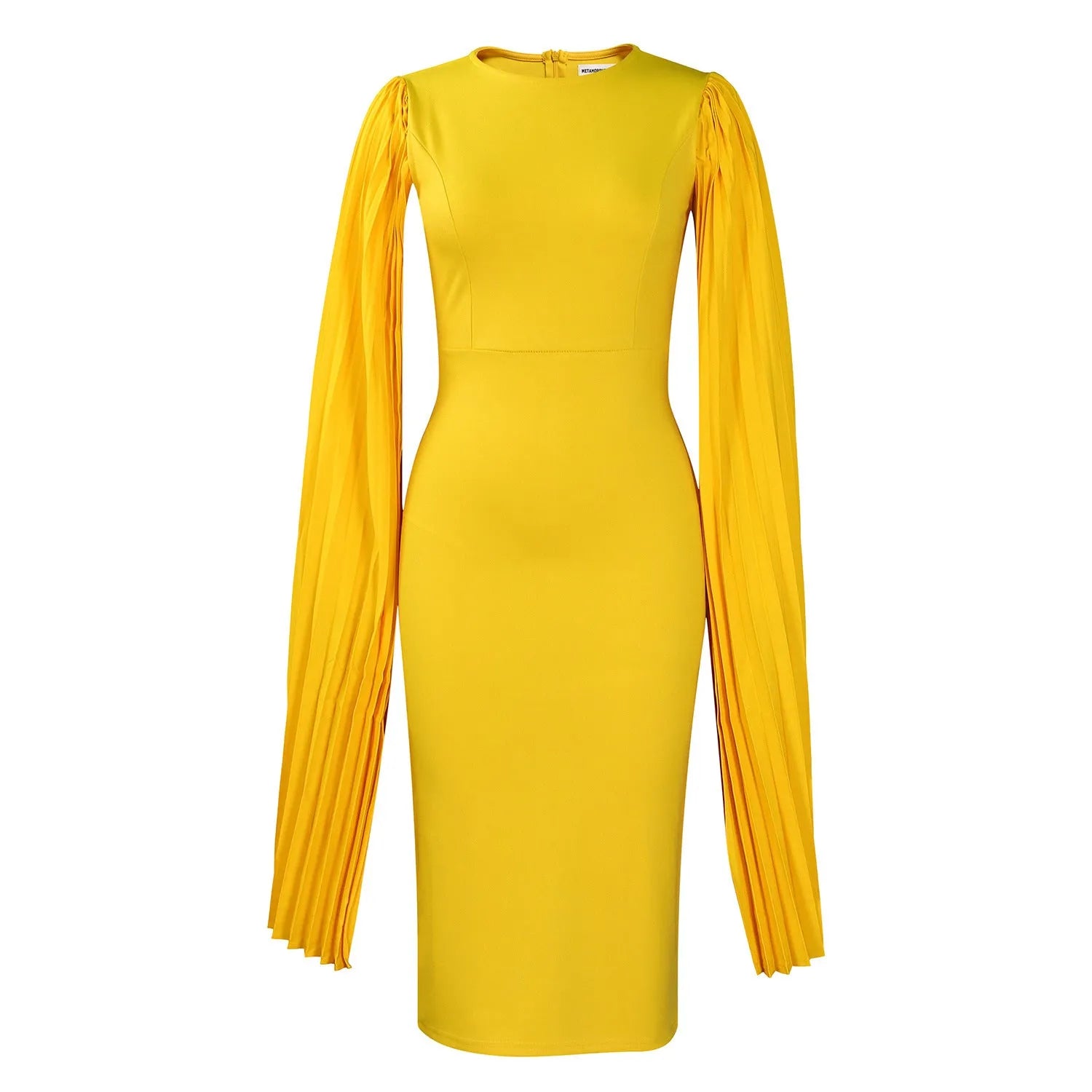 Women's yellow high-waist evening gown with round neck, long sleeves, and a pleated shawl detail.
