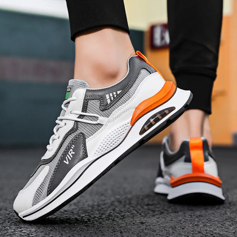 Men's grey mesh casual running shoes with round toe and middle-top design