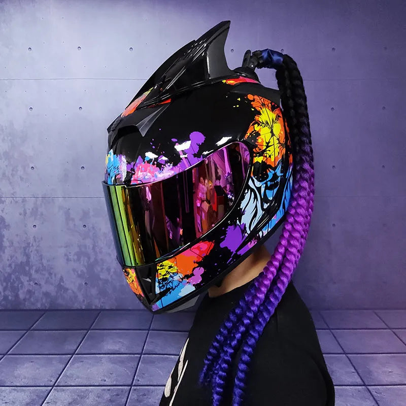 Dirty Braids full face motorcycle helmet with graphic design, shown in size L.