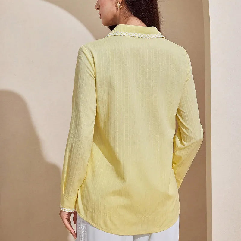 Yellow polyester lace cardigan top with long sleeves and stitching details