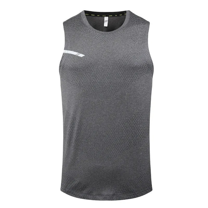 Man wearing a grey quick-drying polyester sports tank top for summer outdoor activities.