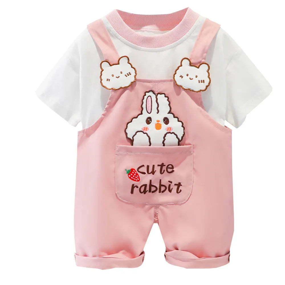 A yellow cotton baby overalls with a cartoon print, featuring short sleeves and openable straps.