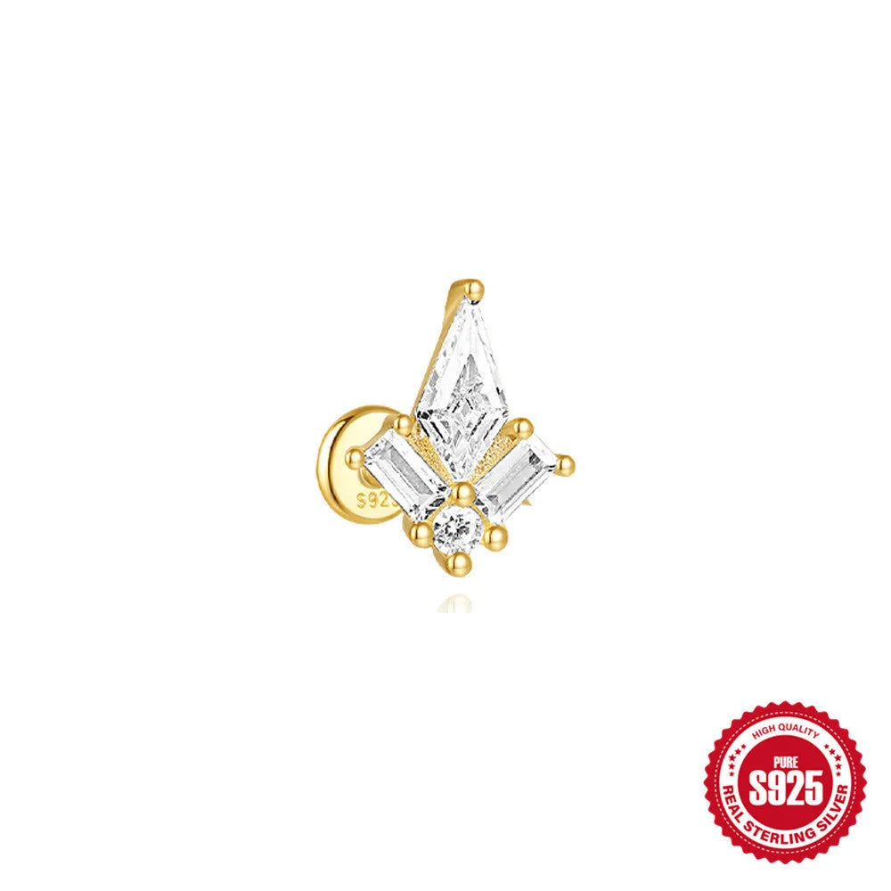 S925 sterling silver geometric kite shaped earrings with chain tassel and rhinestone detailing in gold tone finish