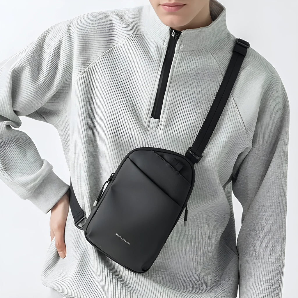 Men's elegant black lightweight Oxford cloth crossbody bag with reinforced stitching