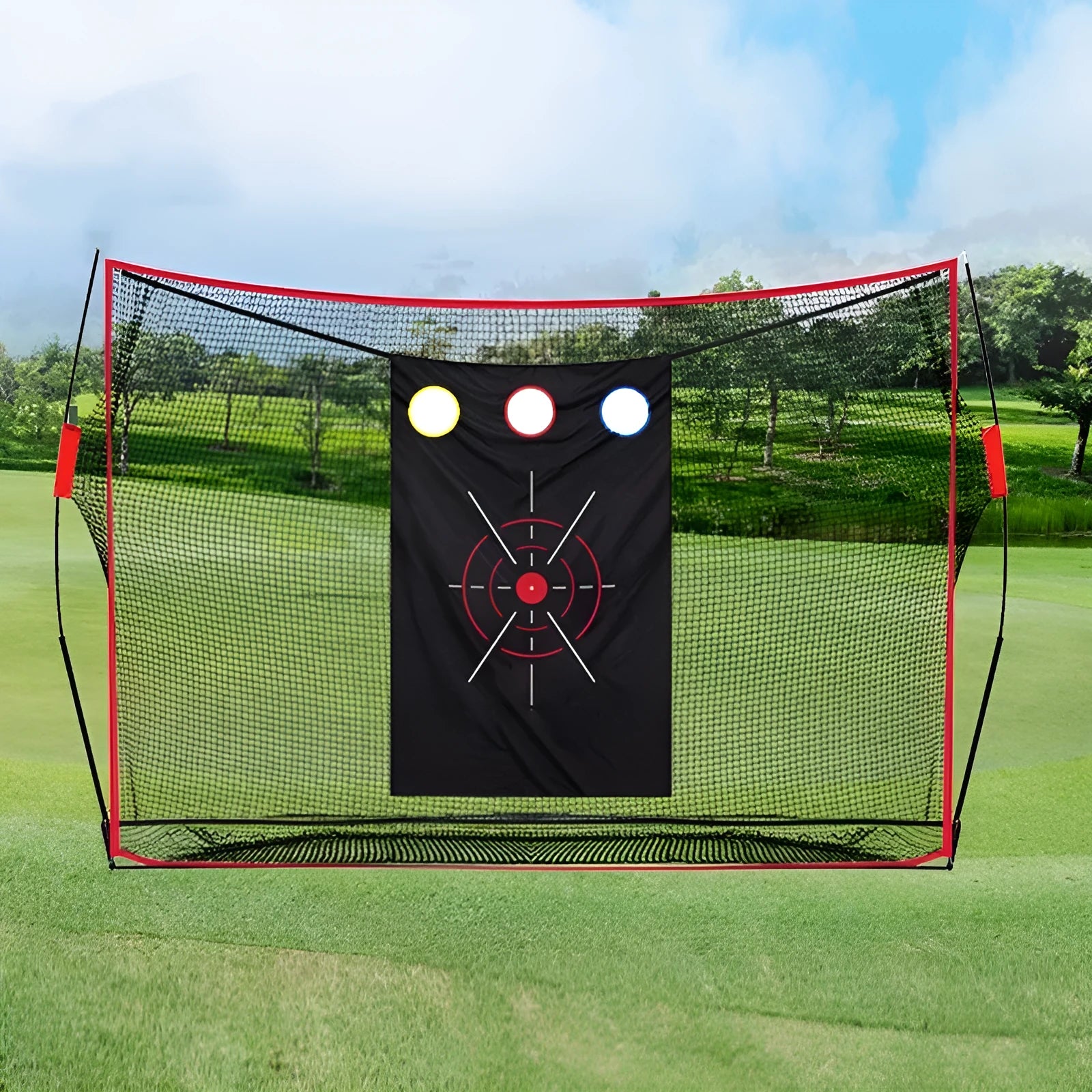Golf wedge training net with 3-hole cross design, straw practice mat, tees, and practice balls